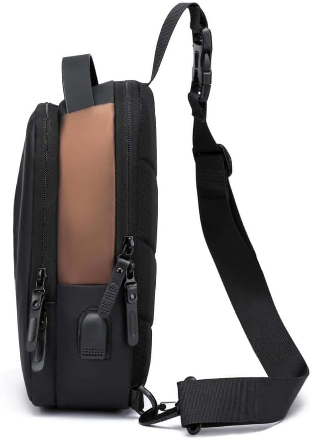 Waterproof Polyester Slim Unisex Crossbody Sling Bag Chest Backpack Men's Shoulder Bag, Leisure Travel Handbag, Hard Shell Anti-Theft Chest Bag, Black&Golden, Standard, Retro