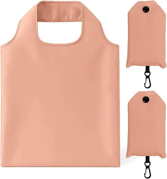 2 Pack Foldable Shopping Bag, Waterproof Reusable Grocery Tote Bag Holder,Nylon(Flesh Pink)