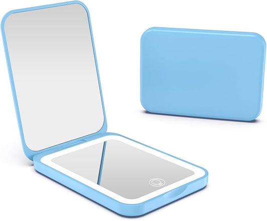Kintion 2025 Pocket Mirror, Rechargeable Dimmable 3 Color Lighting 1X/3X LED Compact Travel Makeup Mirror for Purse, Portable, Folding, Handheld, Small Lighted Mirror for Women Gift, Blue