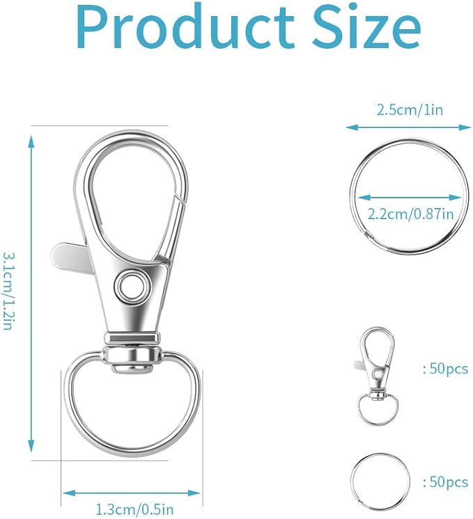 HXSEMAYIG 100PCS Keychain Hooks with Key Rings,Metal Swivel Lobster Claw Clasps, for Keychain Clip Lanyard, Jewelry Making, Crafts (Silver)