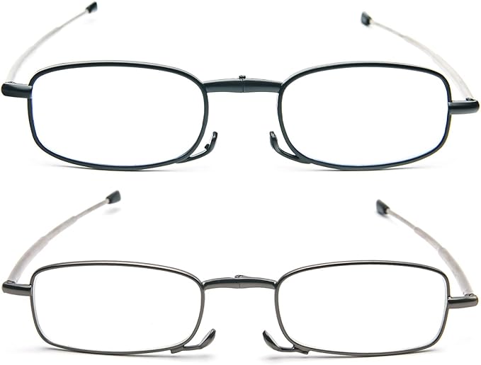 2 Pack Folding Reading Glasses Stainless Steel Mini Anti-Blue Light Blocking Reader for Men Women