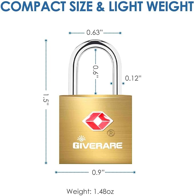 4 Pack TSA Approved Travel Luggage Locks with Keys, Solid Brass Copper Keyed Padlock, Small Locks for Suitcase, Backpack, Gym Locker, Jewelry Box, Gold-by GIVERARE