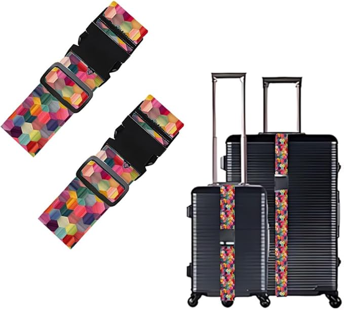 Colorful Luggage Straps 2 Pack – Geometric Hexagon Pattern Suitcase Belts with Quick-Release Buckle, Spring Summer Travel Accessories