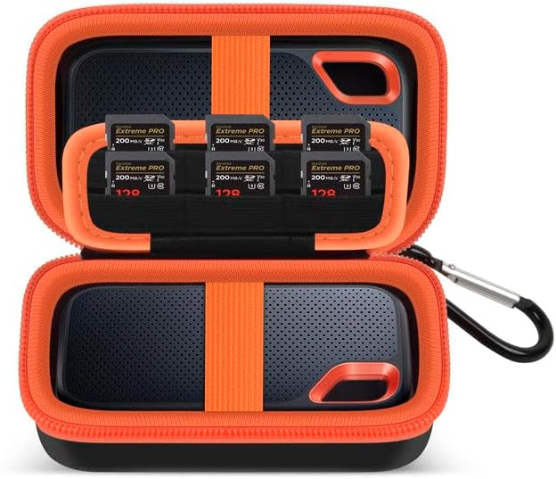 COMECASE Dual SSD Case for SanDisk Extreme Portable SSD & Extreme Pro, Hard Drive Storage Bag Fits 1TB 2TB 4TB 8TB External Solid State Drive, with 12 SD Card Slots, for Travel - Orange (Box Only)