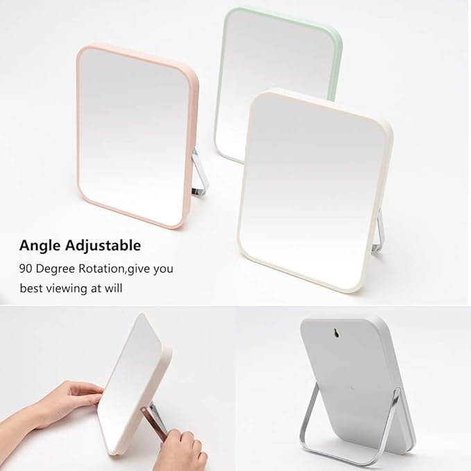 YEAKE Table Desk Vanity Makeup Mirror,8-Inch Portable Folding Mirror with Metal Stand 90°Adjustable Rotation Tavel Make Up Mirror Hanging Bathroom for Shower Shaving(Pink)