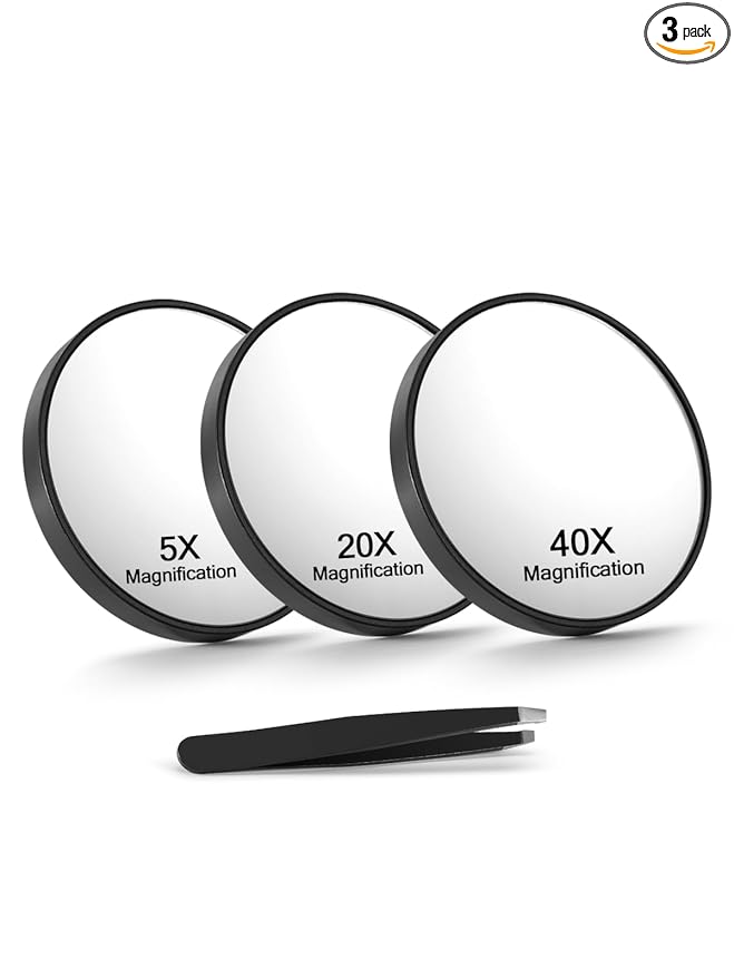 Macaki 5X/20X/40X Magnifying Mirror with Suction Cups and Tweezers Set, 3.5 inches Travel Magnified Makeup Mirror, Black, 3PCS