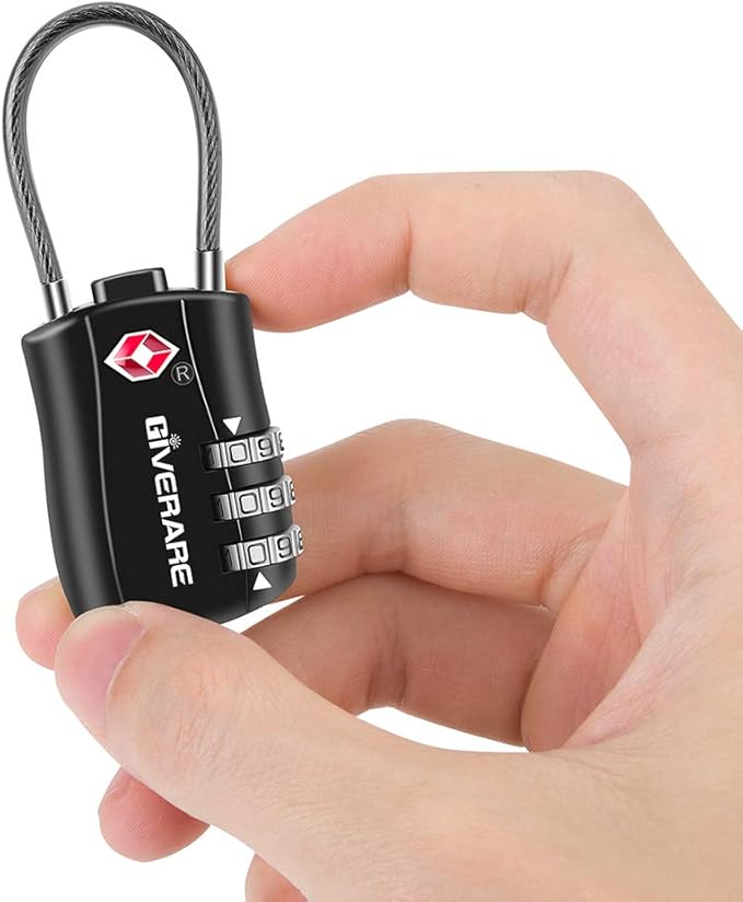 GIVERARE TSA Approved Luggage Locks, Combination Travel Cable Lock, Re-settable 3-Digit Padlocks with Alloy Body, Keyless Travel Sentry Accepted Padlock for Gym Locker, Golf Bag Case, Backpack-Black