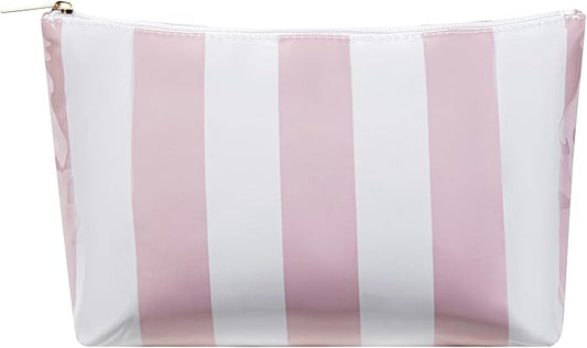 Large PVC Waterproof Striped Makeup Bag,Clear Coated Cosmetic Bags,Easy to Clean,Travel Organizer Zipper Pouch Beach Vacation Essentials for Women Girls(01Pink)