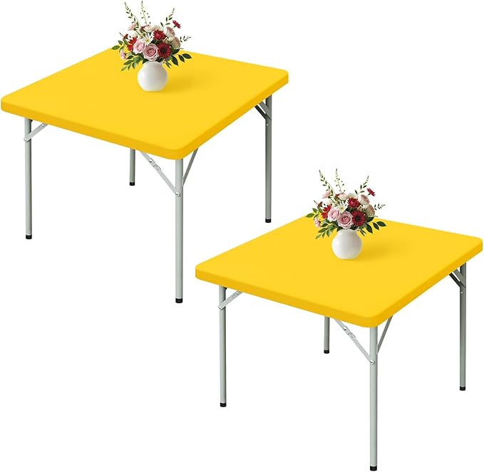 Wolkemer 2 Pack 3 Foot Yellow Fitted Tablecloth 36x36 Inch Square Elastic Edges Table Cloth, Spandex Stretch Table Cover with Machine Washable Fabric for Wedding Party Picnic Dining Indoor Outdoor