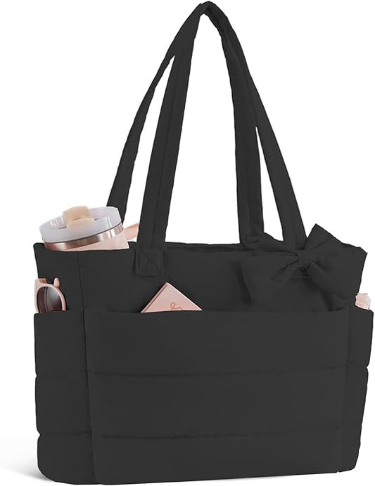 Puffer Tote Bag for Women, Quilted Bow Tote Bag with Cup Holder & 15.6 In Laptop Compartment for Work, Travel, Gym, College