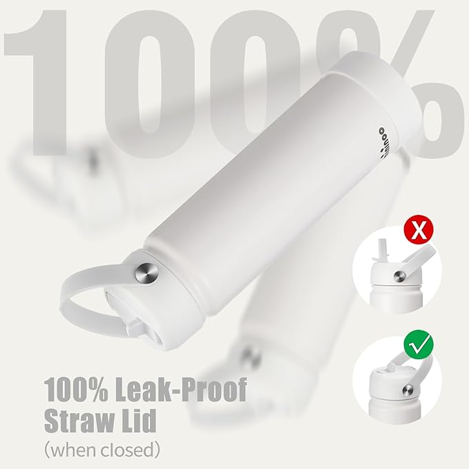 mininoo Insulated Stainless Steel Water Bottle with Straw, BPA-Free & Leak-Proof, 24 oz, White