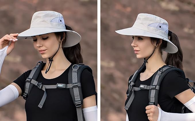 Women's Summer Sun-Hat Ponytail - Outdoor UV-Protection Mesh Wide Brim Foldable Hat with Ponytail Hole
