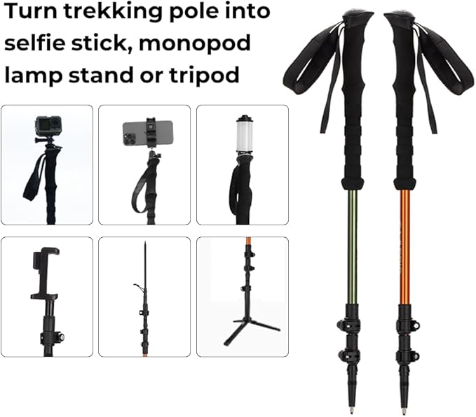 Selfie Trekking Pole – Ultralight 7075 Aluminum Hiking Poles with Built-in 1/4” Mount, Selfie Clamp, Tripod & Camera Kit – Adjustable Flip-Lock Walking Stick for Men & Women