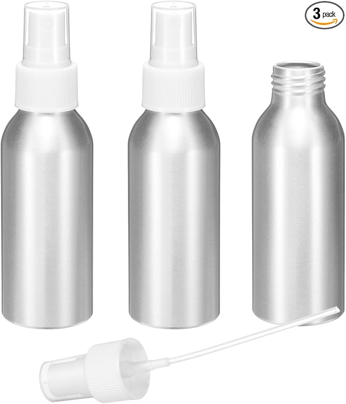 HARFINGTON 3pcs Aluminum Fine Mist Spray Bottles 100ml/3.4oz Metal Small Liquid Alcohol Refillable Travel Container with White Plastic Nozzle Cap for Perfume Skincare Cosmetic Storage Bottle