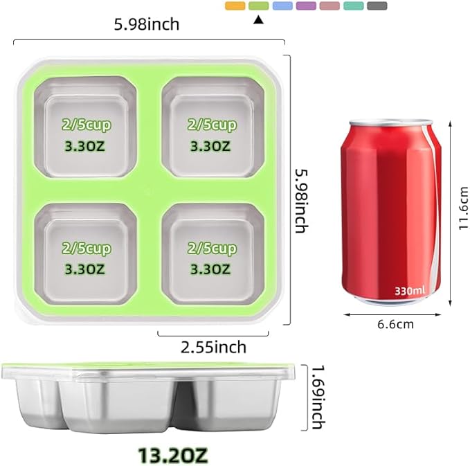 BEFOY 4 Pack Stainless Steel Snack Containers with Lids 4 Compartment Food Storage Containers for Adults & Kids Meal Prep Containers Reusablele (Green, 4)