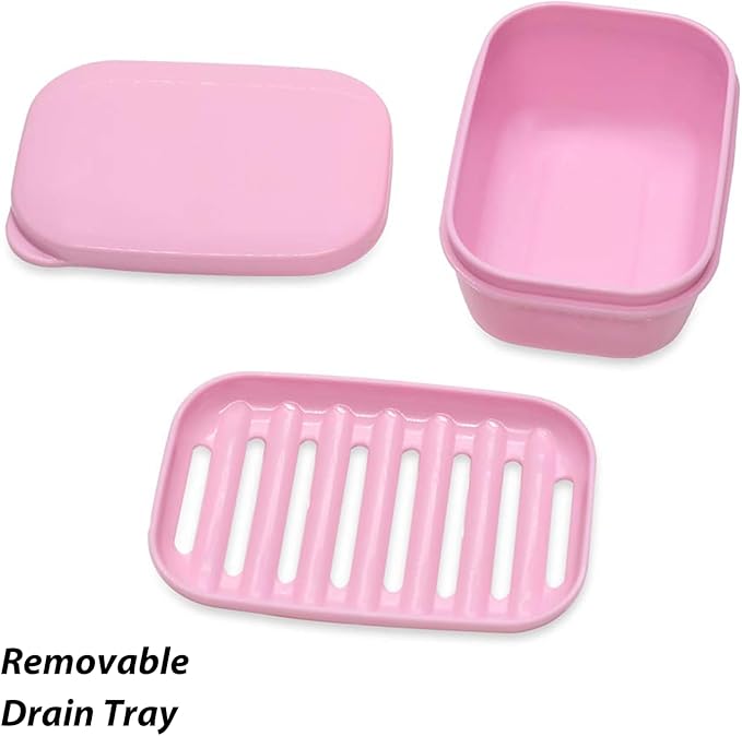 3 Pack Travel Soap Case with Lid, Leakproof Travel Soap Container, Portable Soap Holder with Removable Drain Tray for Home, Bathroom, Hiking, Camping, Outdoor (Blue, Pink, Green-n)