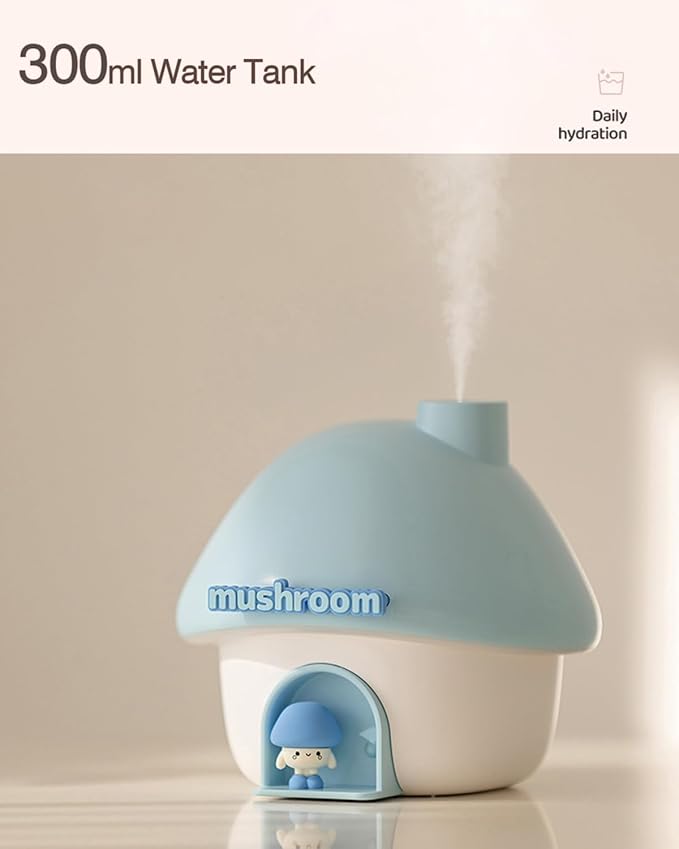 Cute Mushroom House Humidifier, 300ml Small Cool Mist Humidifers, USB Rechargeable Mini Portable Air Humidifer with Night Light for Bedroom, Office, Car, Travel, Indoor Plants (Blue)
