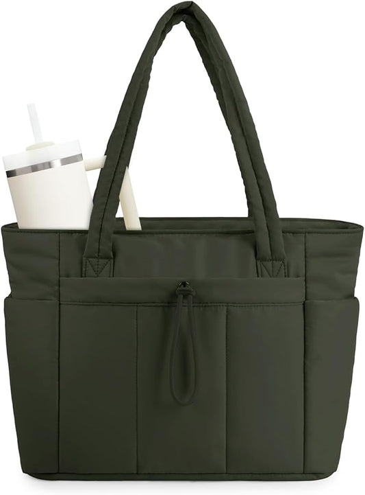 Wandering Nature Puffer Tote Bag with Cup Holder & Laptop Compartment & Trolley Sleeve for Travel, Work, Nurse, Women