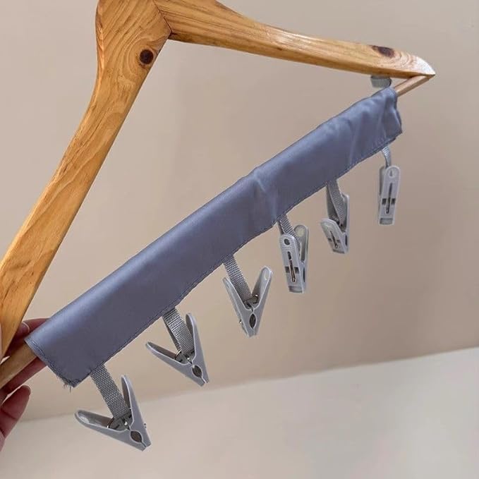Portable Foldable Clothes Hanger Clip Strip with 6 Plastic Clips, Travel Laundry Drying Rack Accessory,2 Packs，Random Color Pink/Blue/Grey