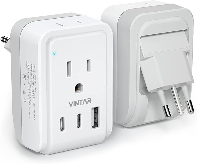 1 Pack Italy Travel Plug Adapter, VINTAR 5 in 1 Foldable Italy Power Adapter with 17W 3 USB Ports(2 USB C) and 2 American Outlets, 3 Prong Grounded Type L Adapter for US to Italy Rome Uruguay Chile
