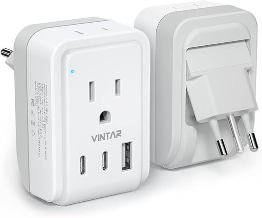 1 Pack Italy Travel Plug Adapter, VINTAR 5 in 1 Foldable Italy Power Adapter with 17W 3 USB Ports(2 USB C) and 2 American Outlets, 3 Prong Grounded Type L Adapter for US to Italy Rome Uruguay Chile