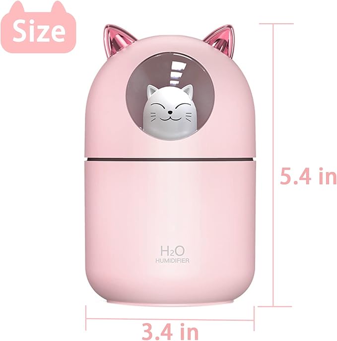 Cute Portable Pink Cool Mist Humidifier with 6 Pcs Filter Cotton Sticks, 7 Color Night Light, USB, for Bedroom, Office, Desk, Car, Travel