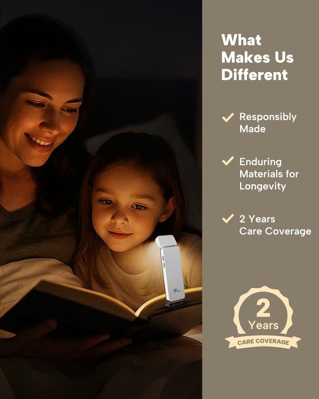 86lux Book Light, Rechargeable Clip-On LED Reading Light for Bed & Night Use - 3 Color Temperatures with Stepless Dimming, Ultralight Bookmark Design for Kids, Book Lovers, White