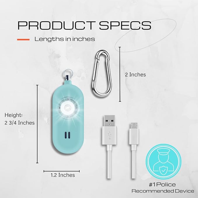 Rechargeable Personal Safety Alarm for Women. 130dB Siren. Ear-Piercingly Loud w/ Flashing LED Strobe Light Siren Keychain (Aqua)