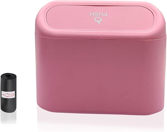 Car Trash Can, Mini Portable Car Bin with Lid & with 1 Roll Trash Bag, Leakproof Hanging Cars Storage Bag Container for Car, Home and Office (Pink)