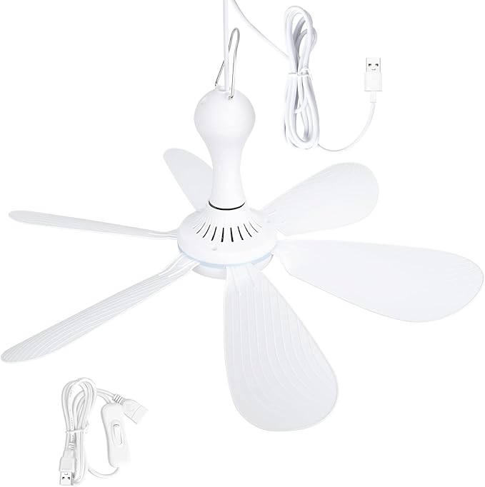 Xindejia USB Powered Small Ceiling Fan 6 Blades Quiet DC 5V USB Hanging Fans for Indoor Outdoor RV Bed Room Dorm Desk Travel Camping Tent Cubicle Mini Portable Canopy Fans - White