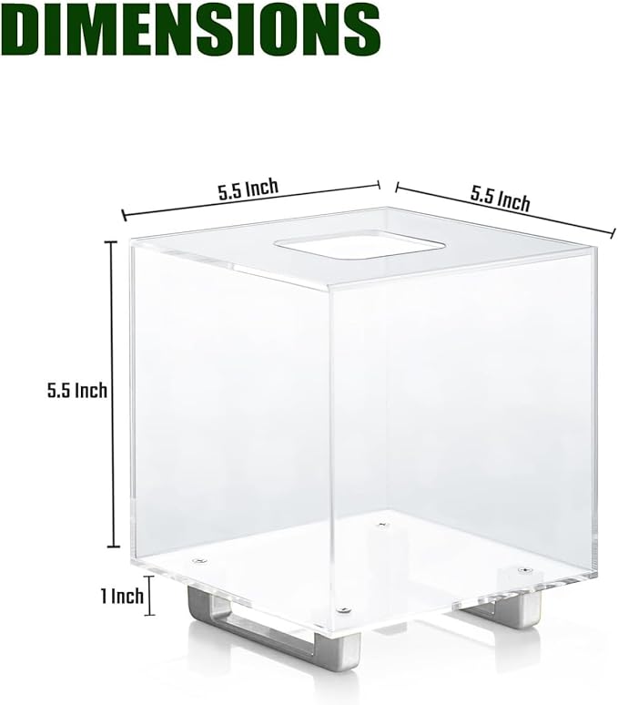 YoBa Thick Acrylic Tissue Box Holder Rectangular Tissue Box Dispenser with Gold Plated Aluminum Legs for Bathroom, Kitchen, Bedroom, Office and Restaurant (Square, Clear (Silver Legs))