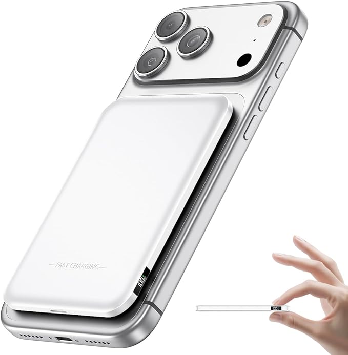 Aobbow Magnetic Portable Charger, 50% Smaller & Slimmer 5000mAh Power Bank with LED Display, 15W Fast Charging Battery Pack, Travel Essential MagSafe Compatible Charger for iPhone 17/16/15 - White