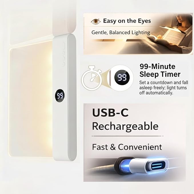 Book Light for Reading in Bed at Night, Rechargeable Flat Book Light with 3 Color Modes & Timer, Dimmable Full Page Light, Clear LED Page Reading Light for Travel (White)