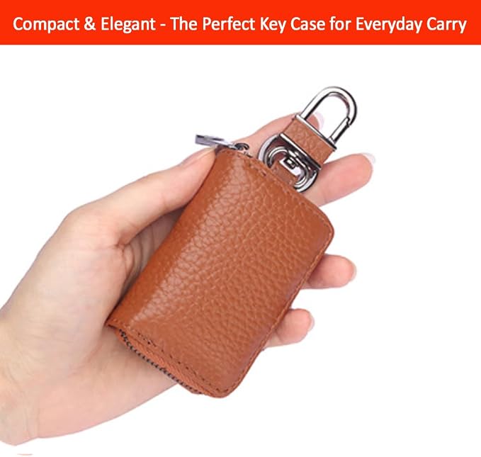 Leather Car Key Case with Zipper, Compact Smart Key Fob Holder with Keychain, Portable Car Key Organizer Pouch