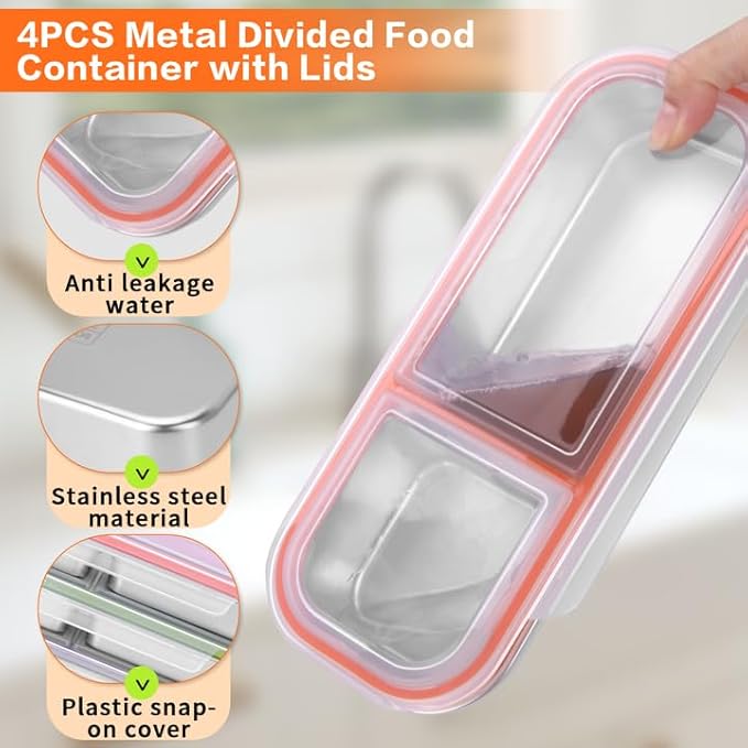 4 Pack Stainless Steel Snack Containers with Lids, 3-Compartments Reusable Lunch Box for Adults, Food Storage Containers Divided Meal Prep Box for Home, Work, Travel