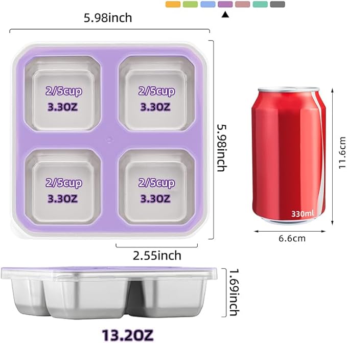 BEFOY 4 Pack Stainless Steel Snack Containers with Lids 4 Compartment Food Storage Containers for Adults & Kids Meal Prep Containers Reusablele (Purple, 4)