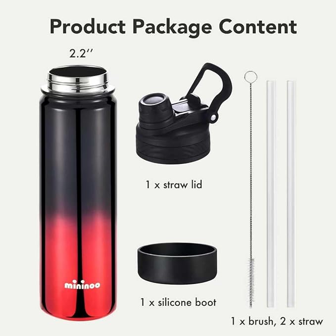 mininoo 24 oz Insulated Water Bottle with 2-in-1 Straw & Spout Lid, BPA-Free & Leak-Proof, Stainless Steel Water Bottle for Sports, Travel, and School, Crimson Black