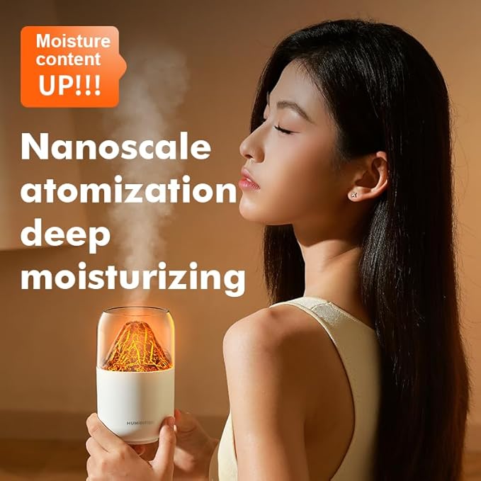 Portable Mini Volcano Humidifier, 300ml Small Cool Mist Humidifier, USB Personal Desktop Humidifier for Baby Bedroom Travel Office Home, Auto Shut-Off, 2 Mist Modes, Super Quiet-white