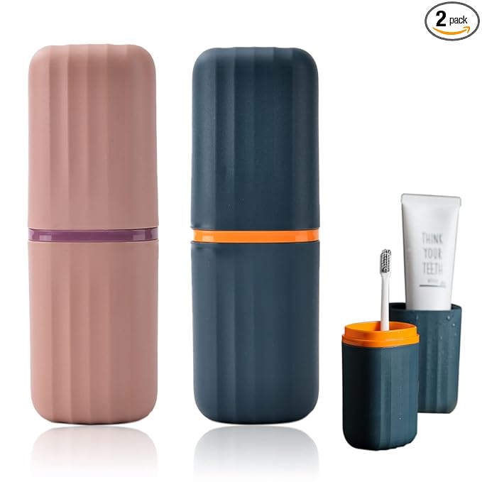 2Pcs Travel Toothbrush Cup Case, Portable Toothbrush Holder Case for Traveling, Camping, Business Trip and School, Plastic Toothbrushes Toothpaste Set with Two Colors (Navy blue and Lotus color)