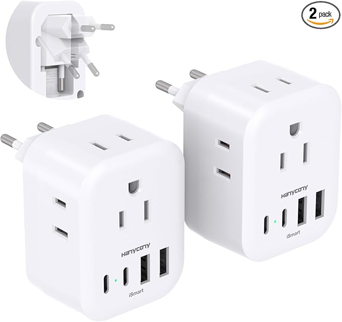 2 Pack European Travel Plug Adapter, HANYCONY International Power Adapter 4 Outlets 4 USB C Ports (2 USB C), Foldable Type C Adapter for US to Most Europe EU Italy Spain Greece Portugal France Germany