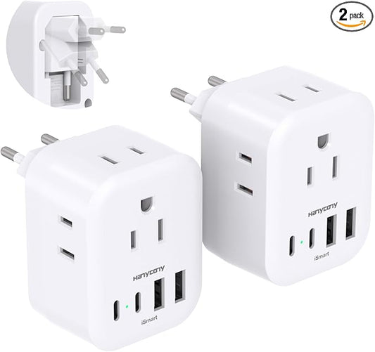 2 Pack European Travel Plug Adapter, HANYCONY International Power Adapter 4 Outlets 4 USB C Ports (2 USB C), Foldable Type C Adapter for US to Most Europe EU Italy Spain Greece Portugal France Germany