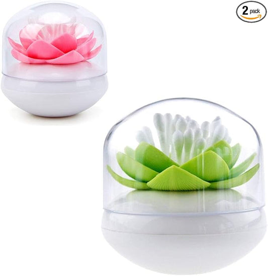 2-Pack Lotus Flowers Cotton Swab Holder, Small Q-Tips Toothpicks Storage Organizer,Bathroom Vanity Canister(Green+Pink)