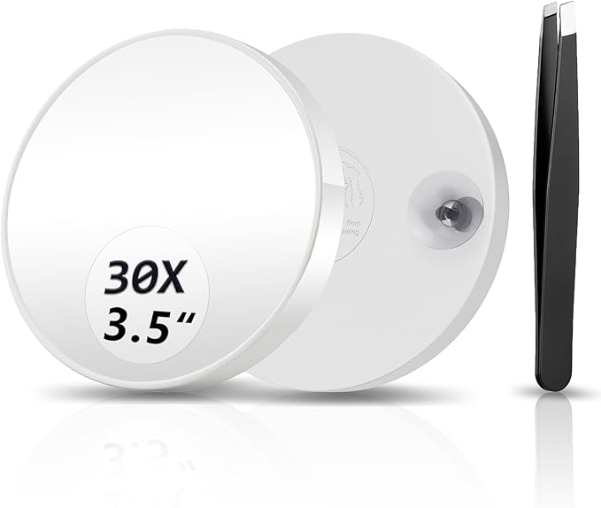 30X Magnifying Mirror, Magnified Mirrors 3.5" with Two Suction Cups and Tweezers, Travel Magnifyied Mirror Set Comes with Portable Storage Bag, Small Magnifying Mirrors for Travel(White)