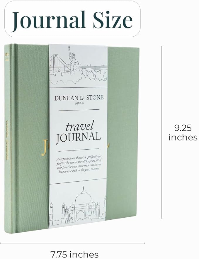 DUNCAN & STONE PAPER CO. Travel Journals - Elegant Journaling Notebook To Record All Your Travel Adventures Up To 15 Trips (Sage Green,110 Page)