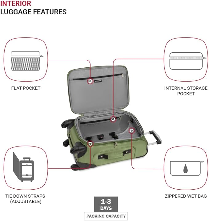 SWISSGEAR Sion Softside Expandable Spinner Luggage Durable Lightweight Travel Suitcase, Evergreen, Carry-On