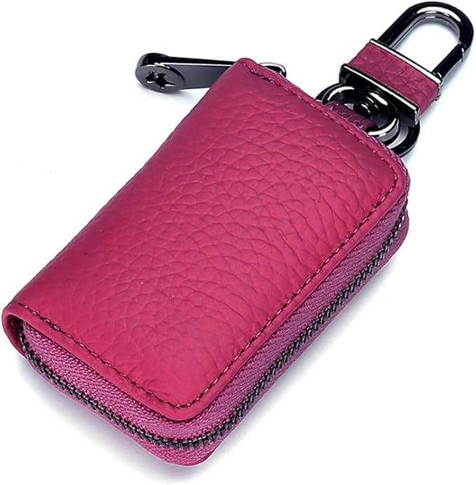 Leather Car Key Case with Zipper, Compact Smart Key Fob Holder with Keychain, Portable Car Key Organizer Pouch