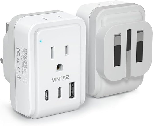 1 Pack UK Adapters for Travel, VINTAR Foldable Ireland Plug Adapter, Type G Pulg Adapter with 2 Outlets and 3 USB Ports(2 USB C), 5 in 1 UK Power Adapter for US to England London Scotland Hong Kong