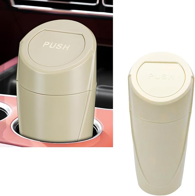 Car Trash Can with Lid, Portable Leakproof Auto Cup Holder Door Garbage Container, Multipurpose Waterproof Mini Cup Holder Trash Can Interior Organizer for Car Home Office (Beige)