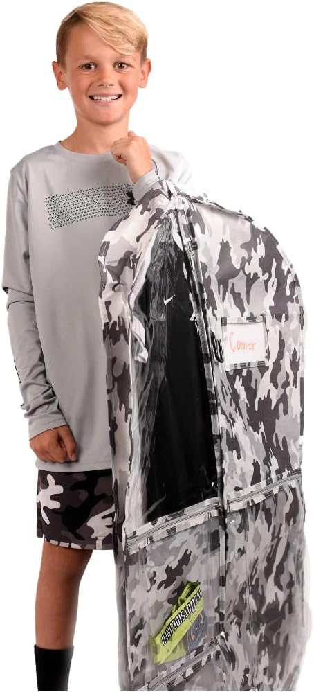 Waterproof Hanging Garment Bag 40 inch Clothes Bag with Gusset, 2 Pack, 5 Pockets & Side Zip for Dance Costumes, Sports, Skating, Theatre, Beauty Pageants, Cheer & More by Kendall Country, Camo Grey
