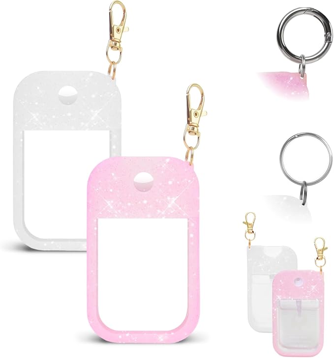2PCS Silicone Glitter Case for Touchland Power Mist (1FL. OZ./30 mL), Protective and Stylish Case with Keychain Compatible with Touchland Hand Sanitizer Spray (2P-Glitter Pink/Glitter White)